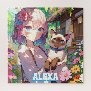 Anime Meisje en Siamese Kat Gepersonaliseerd Legpuzzel