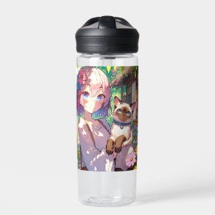 Anime Meisje en Siamese Kat Gepersonaliseerd Waterfles