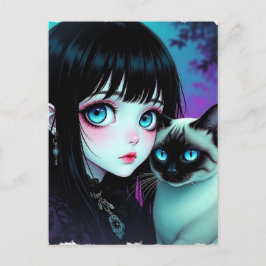 Anime Meisje en Siamese Kat | Hoi zeggen Briefkaart