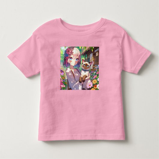Anime Meisje en Siamese Kat Kinder Shirts (Voorkant)