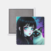 Anime Meisje en Siamese Kat Magneet (Voorkant / Achterkant)
