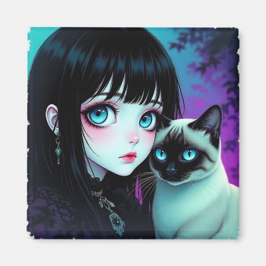 Anime Meisje en Siamese Kat Magneet (Voorkant)