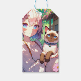 Anime Meisje en Siamese Kat Naar en Van Verjaardag Cadeaulabel