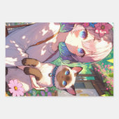 Anime Meisje en Siamese Kat Naar en Van Verjaardag Inpakpapier Vel (Voorkant)