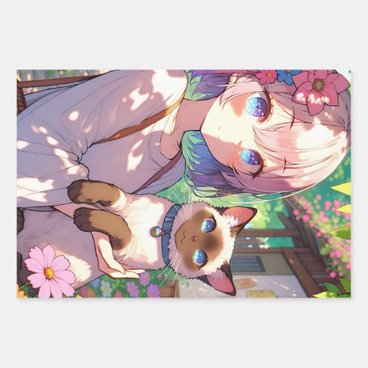 Anime Meisje en Siamese Kat Naar en Van Verjaardag Inpakpapier Vel (Voorkant)
