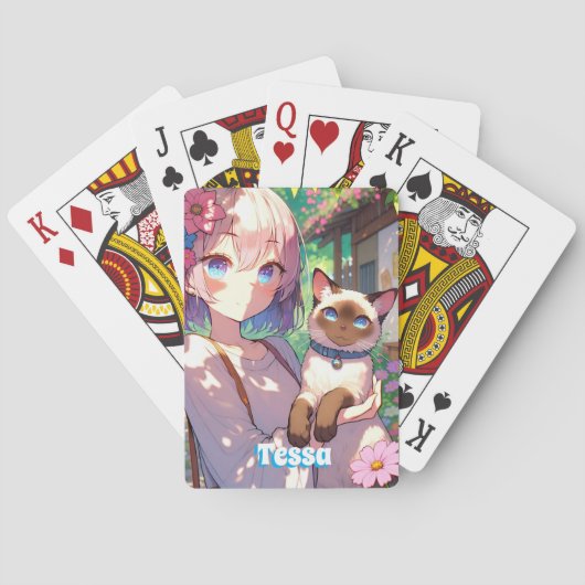 Anime Meisje en Siamese Kat Pokerkaarten (Achterkant)