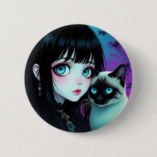 Anime Meisje en Siamese Kat Ronde Button 5,7 Cm