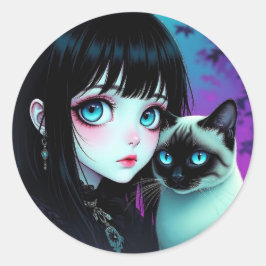  Anime Meisje en Siamese Kat  Ronde Sticker