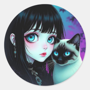  Anime Meisje en Siamese Kat  Ronde Sticker