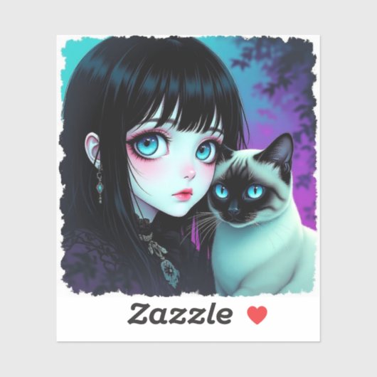 Anime meisje en Siamese kat Sticker (Vel)