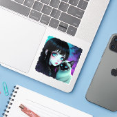 Anime meisje en Siamese kat Sticker (Laptop met iPhone)