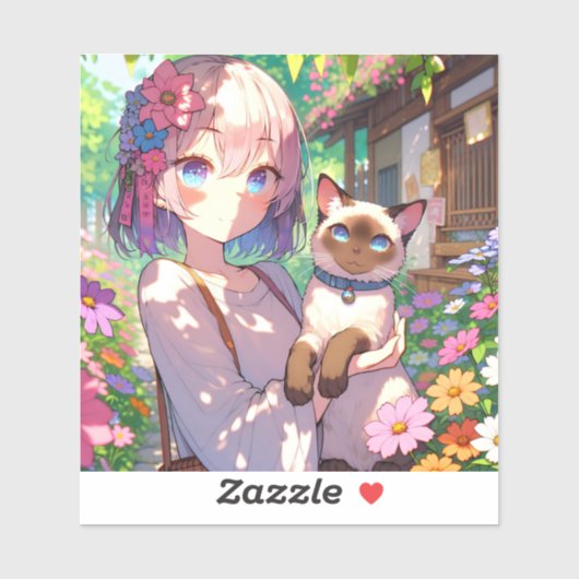 Anime Meisje en Siamese Kat Sticker (Vel)