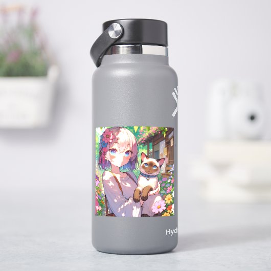 Anime Meisje en Siamese Kat Sticker (HydroFlask)