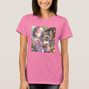 Anime Meisje en Siamese Kat T-shirt