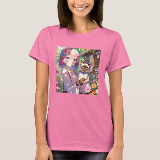 Anime Meisje en Siamese Kat T-shirt (Voorkant)
