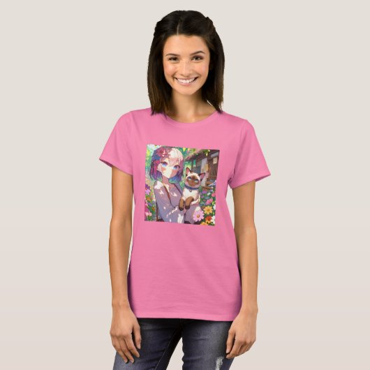 Anime Meisje en Siamese Kat T-shirt (Voorkant volledig)