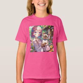 Anime Meisje en Siamese Kat T-shirt
