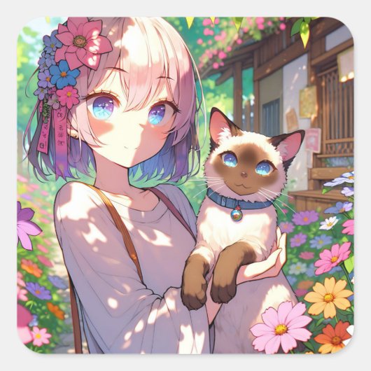 Anime Meisje en Siamese Kat Vierkante Sticker (Voorkant)
