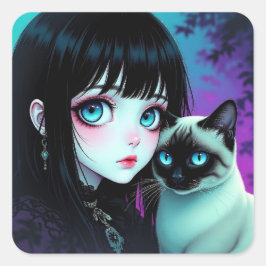  Anime Meisje en Siamese Kat  Vierkante Sticker