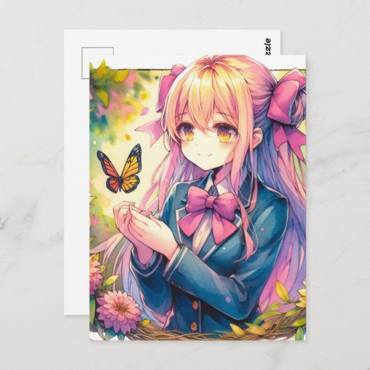 Anime Meisje en Vlinder in contact blijven Briefkaart (Voorkant / Achterkant)