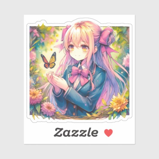 Anime Meisje en Vlinder Waterverf Ai Art Sticker (Vel)