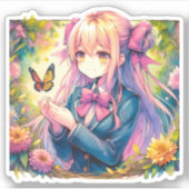 Anime Meisje en Vlinder Waterverf Ai Art Sticker (Voorkant)