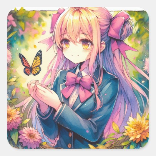 Anime Meisje en Vlinder Waterverf Ai Art Vierkante Sticker (Voorkant)