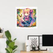 Anime Meisje en Vlinder Waterverf Gepersonaliseerd Poster (Thuiskantoor)