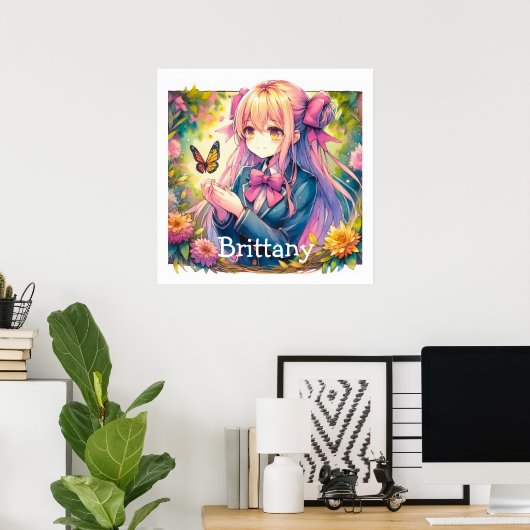 Anime Meisje en Vlinder Waterverf Gepersonaliseerd Poster (Thuiskantoor)