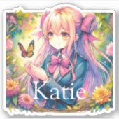Anime Meisje en Vlinder Waterverf Gepersonaliseerd Sticker (Voorkant)