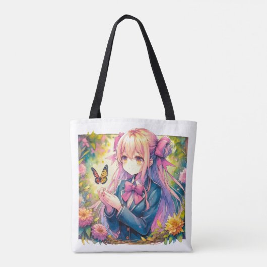 Anime Meisje en Vlinder Waterverf Gepersonaliseerd Tote Bag (Achterkant)