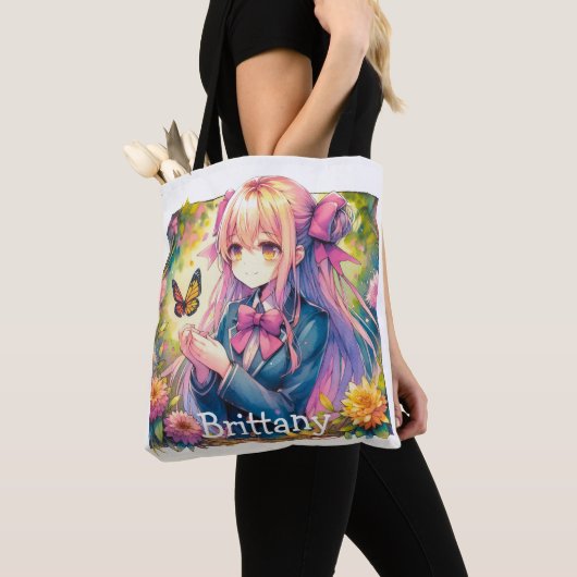 Anime Meisje en Vlinder Waterverf Gepersonaliseerd Tote Bag (Dichtbij)