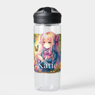 Anime Meisje en Vlinder Waterverf Gepersonaliseerd Waterfles