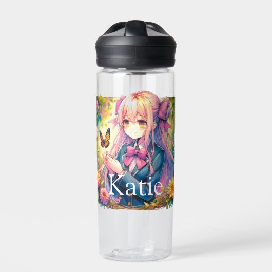 Anime Meisje en Vlinder Waterverf Gepersonaliseerd Waterfles (Voorkant)