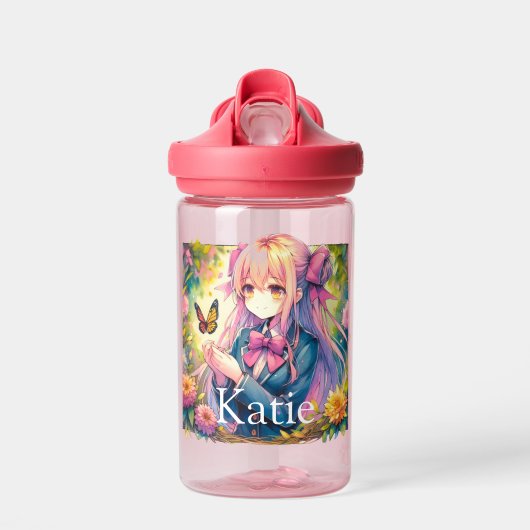 Anime Meisje en Vlinder Waterverf Gepersonaliseerd Waterfles (Voorkant)