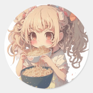 Anime Meisje Eten Ramen Noedels Ronde Sticker