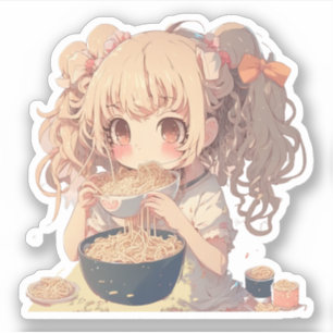 Anime Meisje Eten Ramen Noedels Sticker