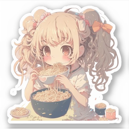 Anime Meisje Eten Ramen Noedels Sticker (Voorkant)