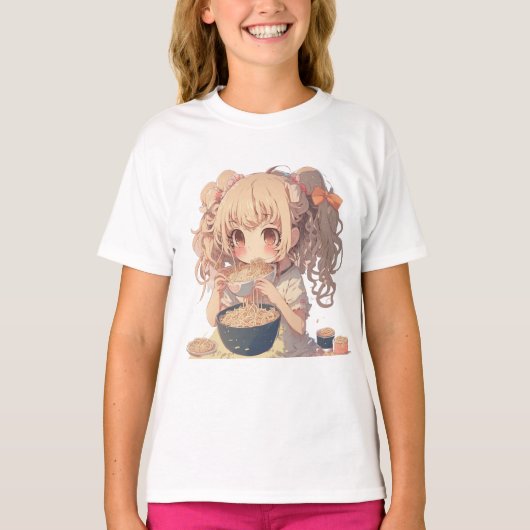 Anime Meisje Eten Ramen Noedels T-shirt (Voorkant)
