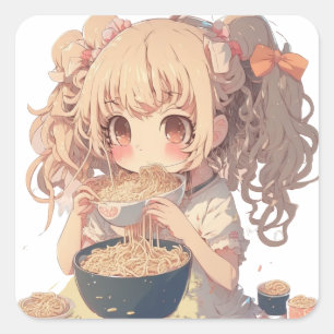 Anime Meisje Eten Ramen Noedels Vierkante Sticker