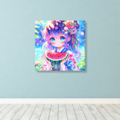  anime meisje eten watermeloen canvas afdruk (Insitu (Houten vloer))