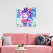  anime meisje eten watermeloen canvas afdruk (Insitu (Woonkamer))