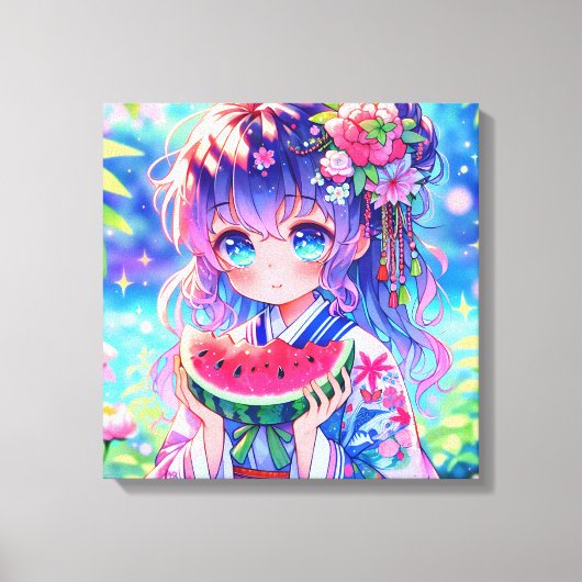  anime meisje eten watermeloen canvas afdruk (Voorkant)