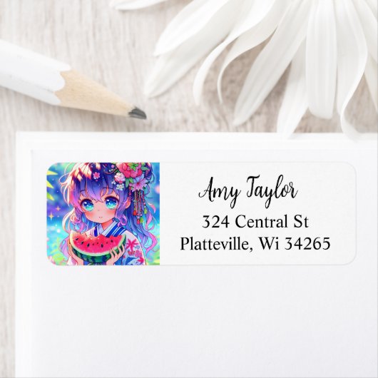  anime meisje eten watermeloen etiket (Insitu)