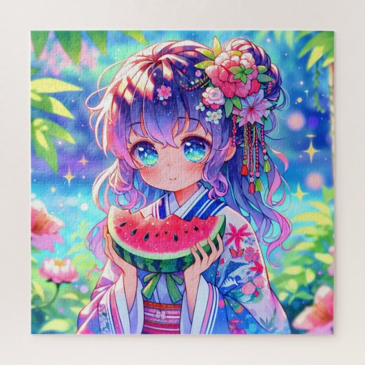 anime meisje eten watermeloen legpuzzel (Verticaal)