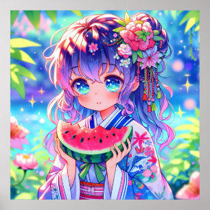  anime meisje eten watermeloen poster