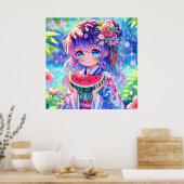  anime meisje eten watermeloen poster (Keuken)