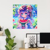  anime meisje eten watermeloen poster (Thuiskantoor)