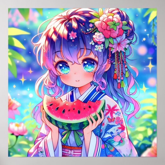 anime meisje eten watermeloen poster (Voorkant)