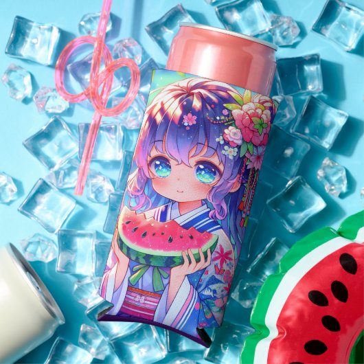 anime meisje eten watermeloen seltzer blikjeskoeler (Insitu Zomer)